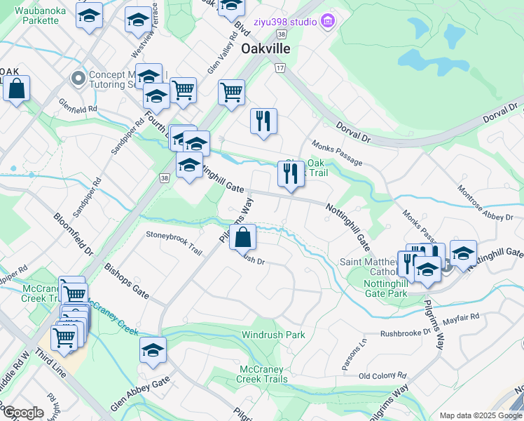 map of restaurants, bars, coffee shops, grocery stores, and more near 1903 Pilgrims Way in Oakville
