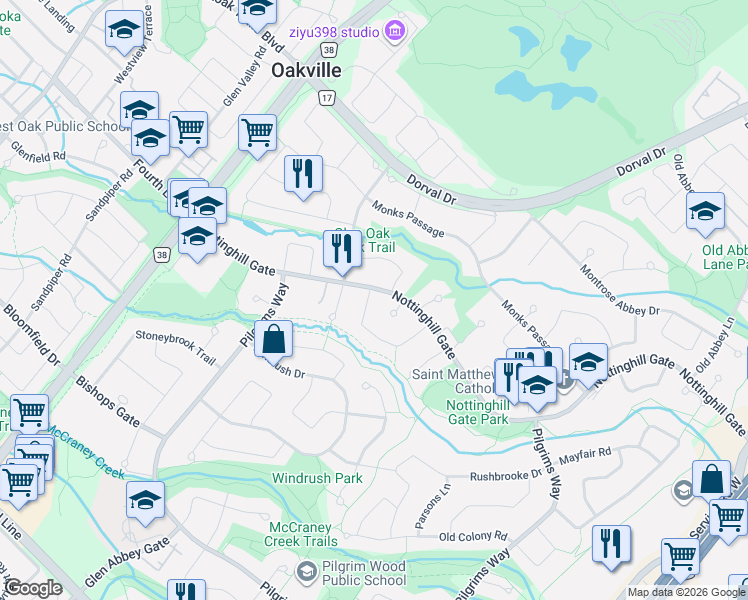 map of restaurants, bars, coffee shops, grocery stores, and more near 1237 Beechgrove Crescent in Oakville