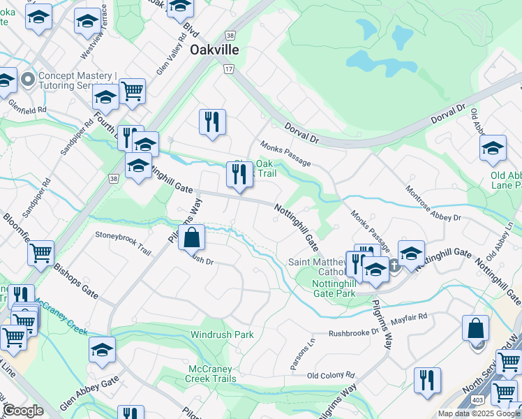 map of restaurants, bars, coffee shops, grocery stores, and more near 1237 Beechgrove Crescent in Oakville