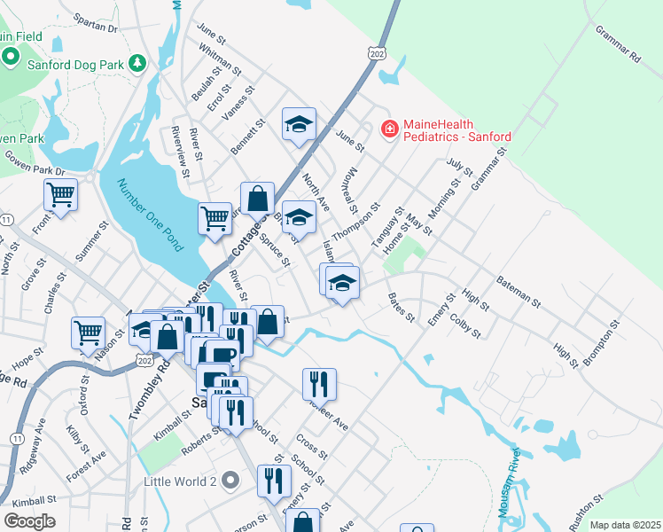 map of restaurants, bars, coffee shops, grocery stores, and more near 27A Brook Street in Sanford