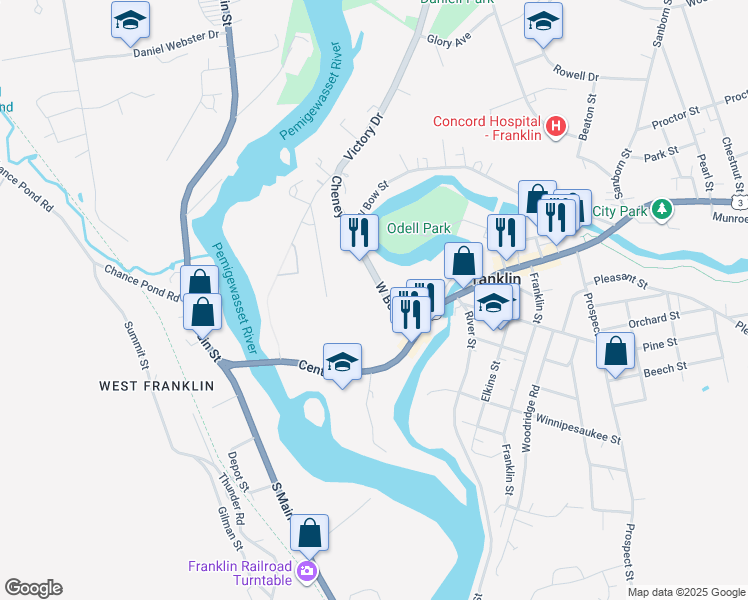 map of restaurants, bars, coffee shops, grocery stores, and more near 32 West Bow Street in Franklin