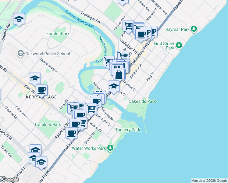 map of restaurants, bars, coffee shops, grocery stores, and more near in Oakville