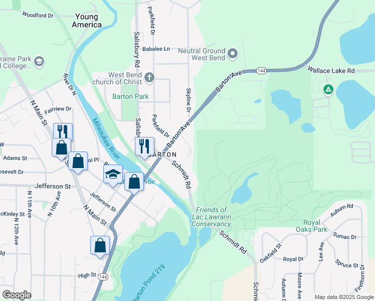 map of restaurants, bars, coffee shops, grocery stores, and more near 1801 Schmidt Road in West Bend