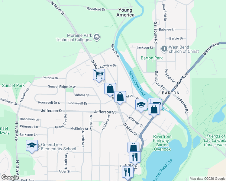 map of restaurants, bars, coffee shops, grocery stores, and more near 720 North Main Street in West Bend