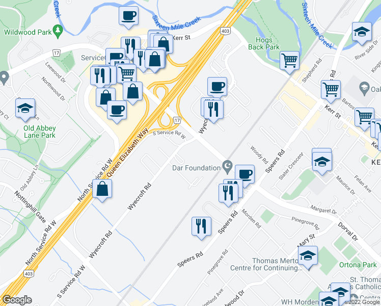 map of restaurants, bars, coffee shops, grocery stores, and more near 710 Dorval Drive in Oakville