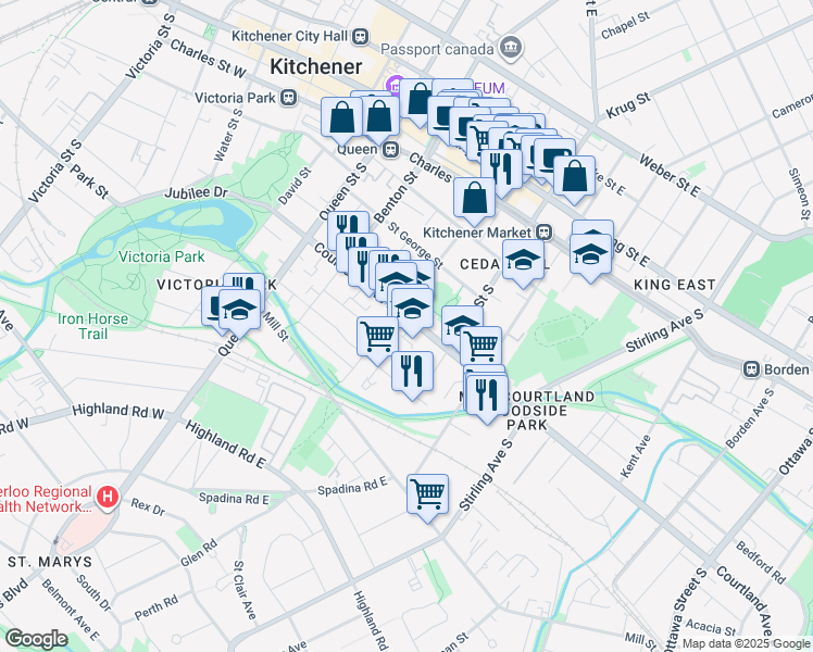 map of restaurants, bars, coffee shops, grocery stores, and more near 107 Courtland Avenue East in Kitchener
