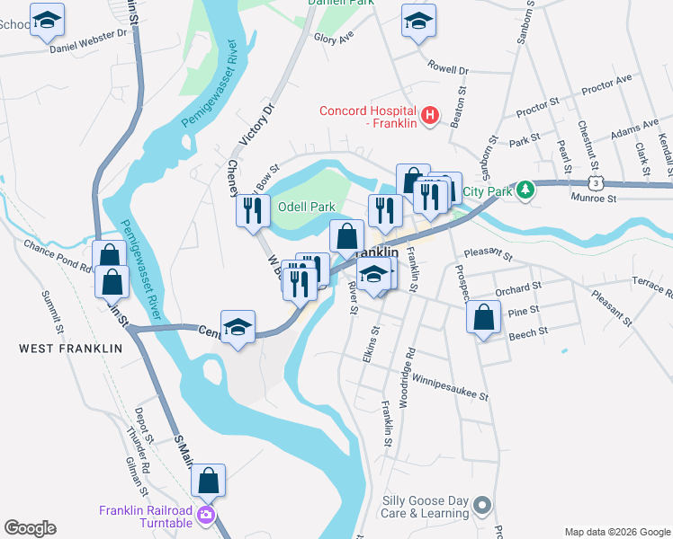 map of restaurants, bars, coffee shops, grocery stores, and more near 211 Central Street in Franklin