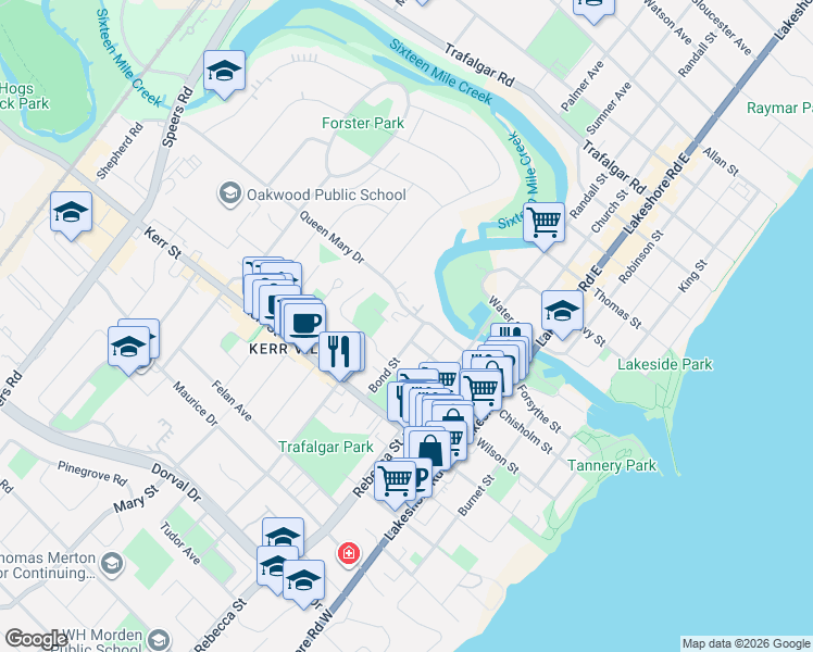map of restaurants, bars, coffee shops, grocery stores, and more near 200 Queen Mary Drive in Oakville