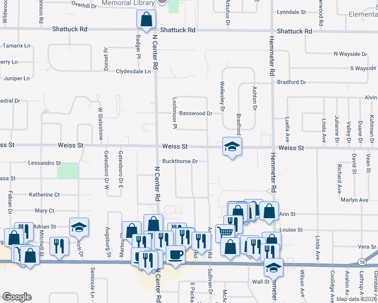 map of restaurants, bars, coffee shops, grocery stores, and more near 2425 Bock Road in Saginaw