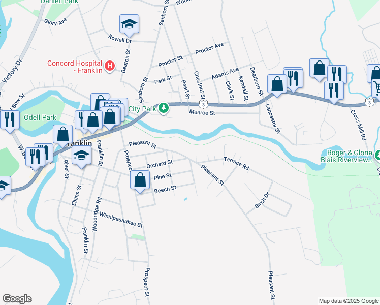 map of restaurants, bars, coffee shops, grocery stores, and more near 89 Orchard Street in Franklin