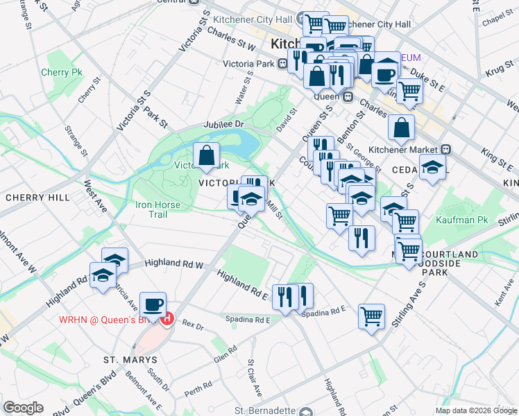 map of restaurants, bars, coffee shops, grocery stores, and more near 33 Mill Street in Kitchener