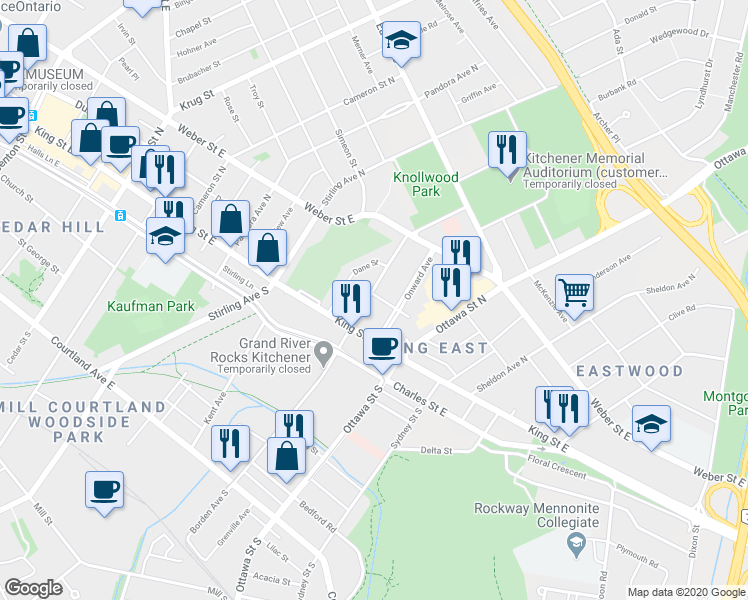 map of restaurants, bars, coffee shops, grocery stores, and more near 39 Borden Avenue North in Kitchener