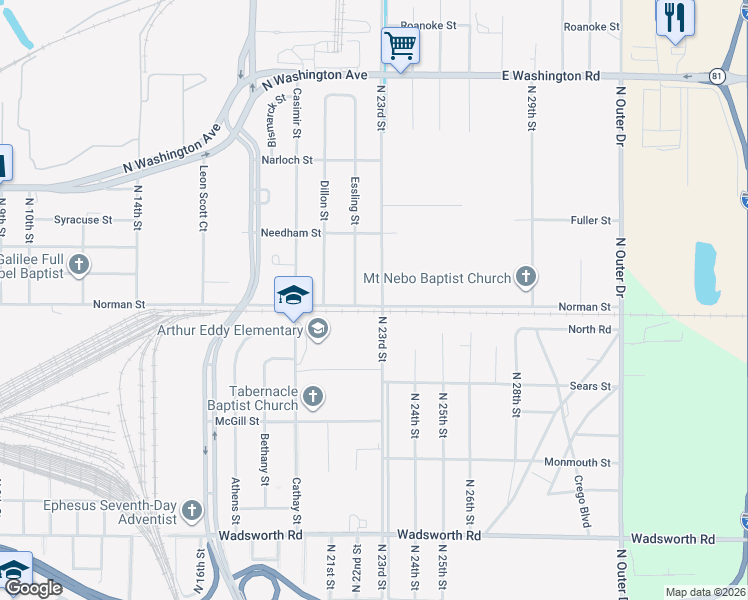 map of restaurants, bars, coffee shops, grocery stores, and more near 1028 North 23rd Street in Saginaw