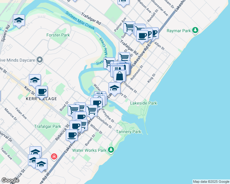 map of restaurants, bars, coffee shops, grocery stores, and more near in Oakville