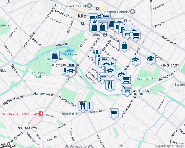 map of restaurants, bars, coffee shops, grocery stores, and more near 47 Whitney Place in Kitchener