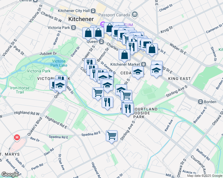 map of restaurants, bars, coffee shops, grocery stores, and more near 122 Courtland Avenue East in Kitchener