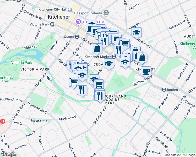 map of restaurants, bars, coffee shops, grocery stores, and more near 119 Cedar Street South in Kitchener