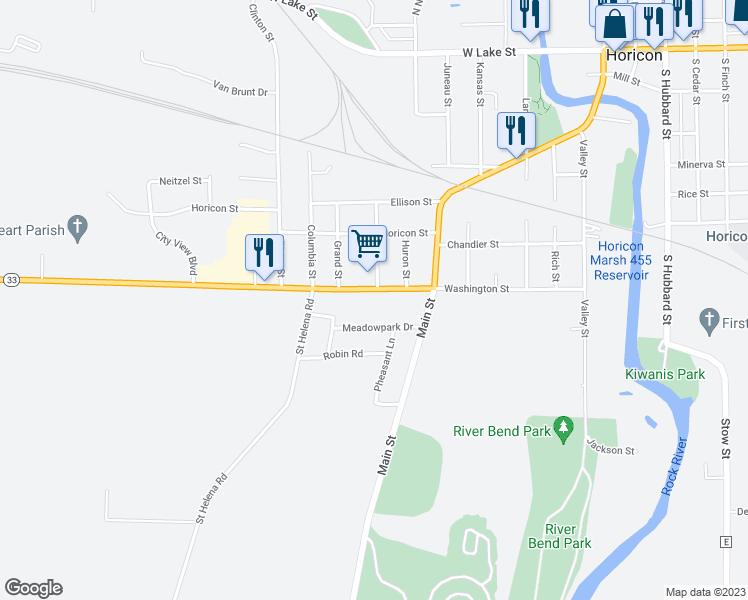 map of restaurants, bars, coffee shops, grocery stores, and more near 307 Washington Street in Horicon