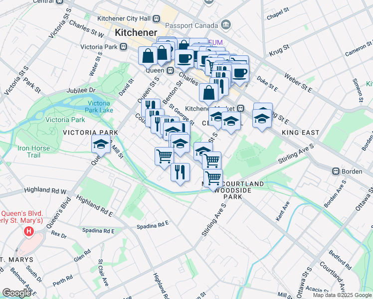 map of restaurants, bars, coffee shops, grocery stores, and more near 122 Courtland Avenue East in Kitchener