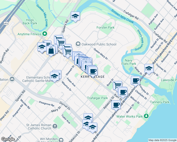 map of restaurants, bars, coffee shops, grocery stores, and more near in Oakville
