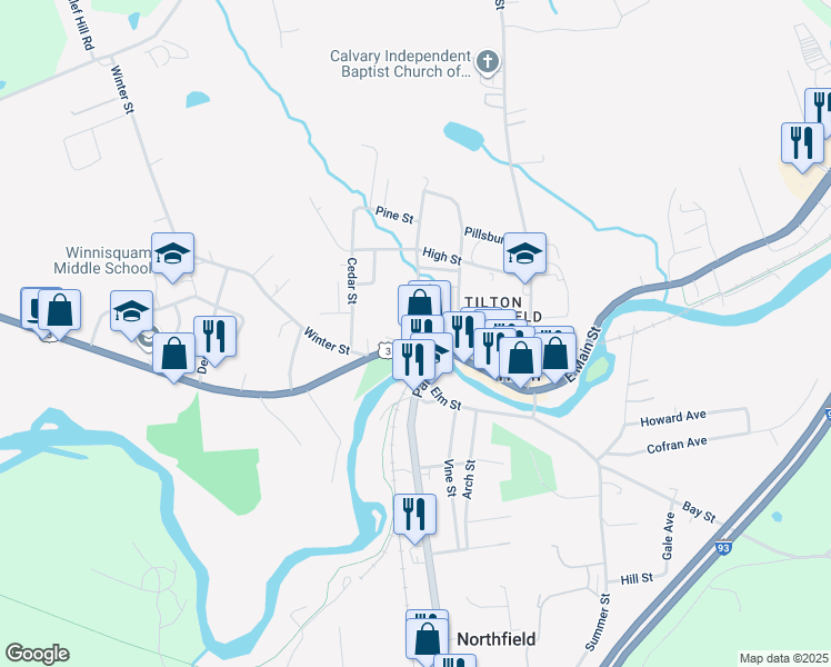 map of restaurants, bars, coffee shops, grocery stores, and more near 16 Chestnut Street in Tilton