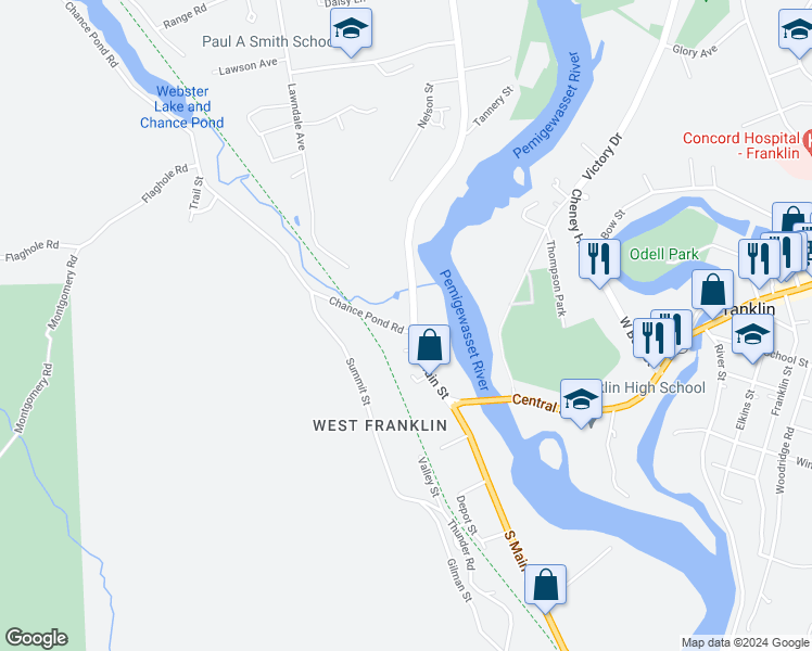 map of restaurants, bars, coffee shops, grocery stores, and more near 156 North Main Street in Franklin