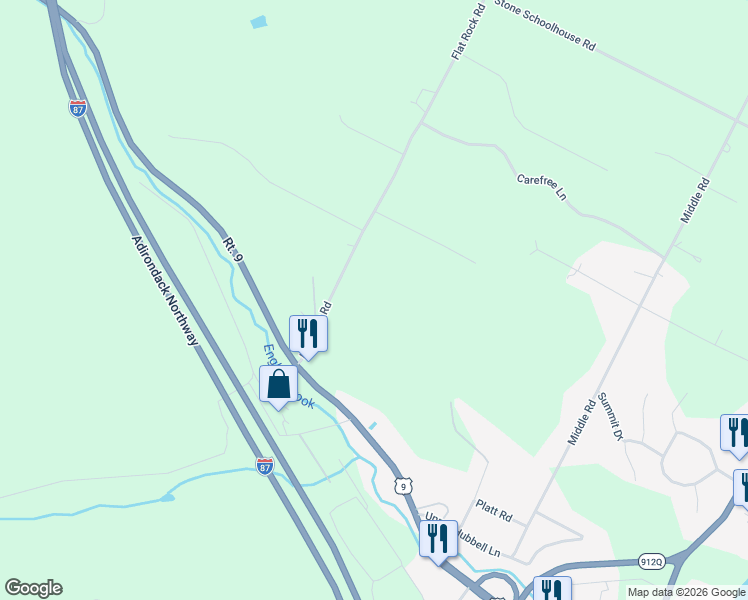 map of restaurants, bars, coffee shops, grocery stores, and more near 54 Flat Rock Road in Lake George