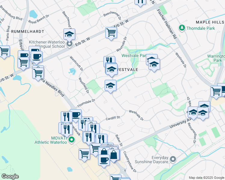 map of restaurants, bars, coffee shops, grocery stores, and more near Westvale Drive in Waterloo