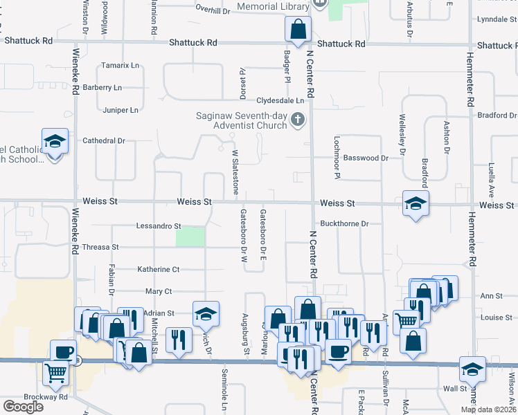 map of restaurants, bars, coffee shops, grocery stores, and more near 5190 Weiss Street in Saginaw