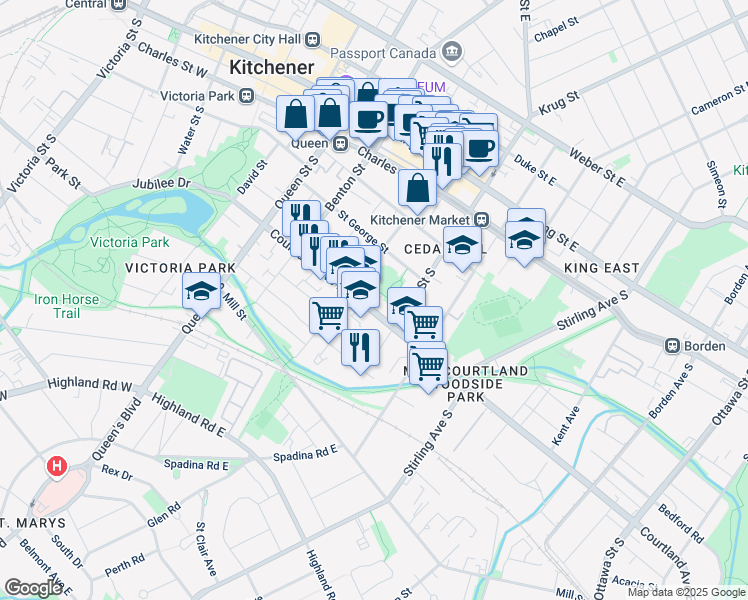 map of restaurants, bars, coffee shops, grocery stores, and more near 122 Courtland Avenue East in Kitchener