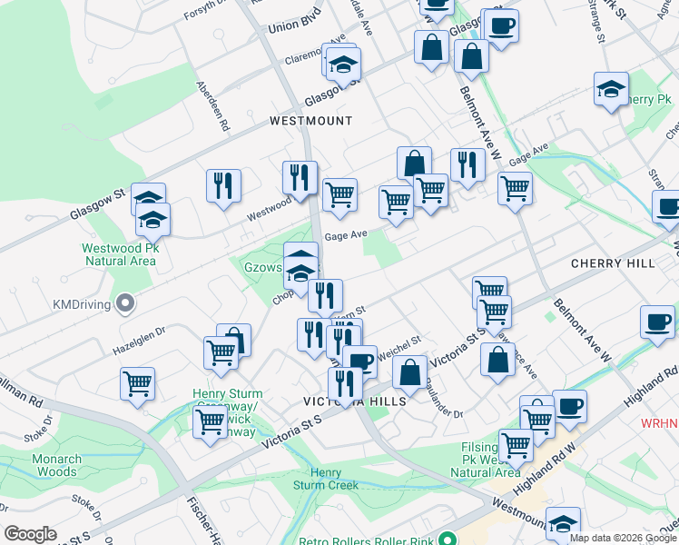 map of restaurants, bars, coffee shops, grocery stores, and more near 180 Brybeck Crescent in Kitchener