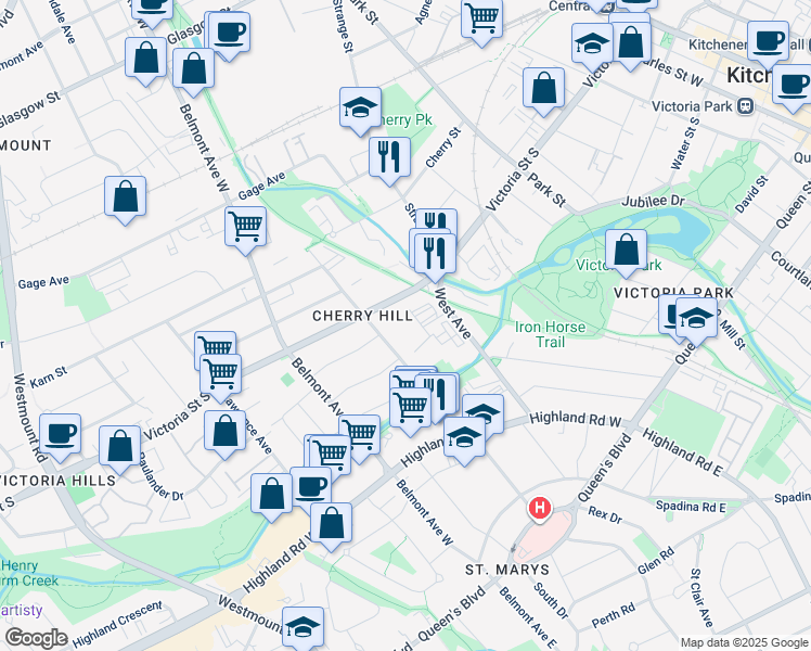 map of restaurants, bars, coffee shops, grocery stores, and more near 301 Victoria Street South in Kitchener