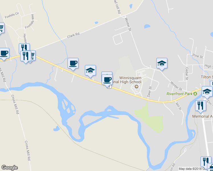 map of restaurants, bars, coffee shops, grocery stores, and more near 443 West Main Street in Tilton