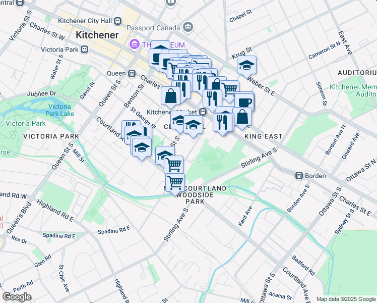 map of restaurants, bars, coffee shops, grocery stores, and more near 110 Madison Avenue South in Kitchener