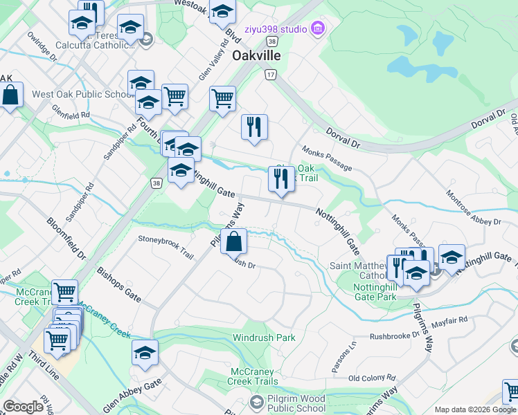 map of restaurants, bars, coffee shops, grocery stores, and more near 1905 Pilgrims Way in Oakville
