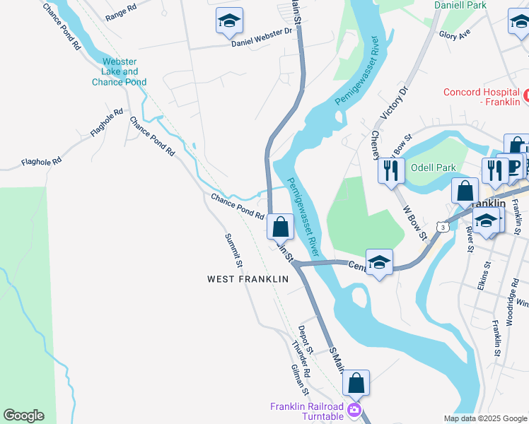 map of restaurants, bars, coffee shops, grocery stores, and more near 142 North Main Street in Franklin