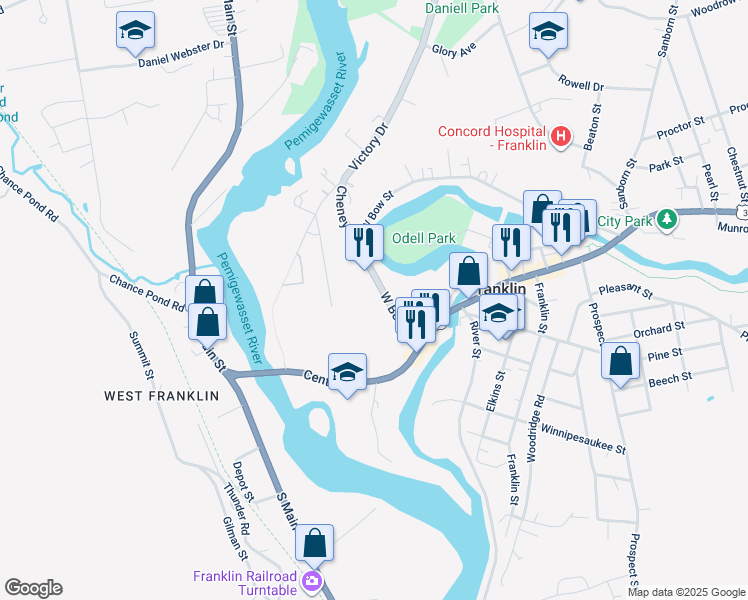 map of restaurants, bars, coffee shops, grocery stores, and more near 73 West Bow Street in Franklin