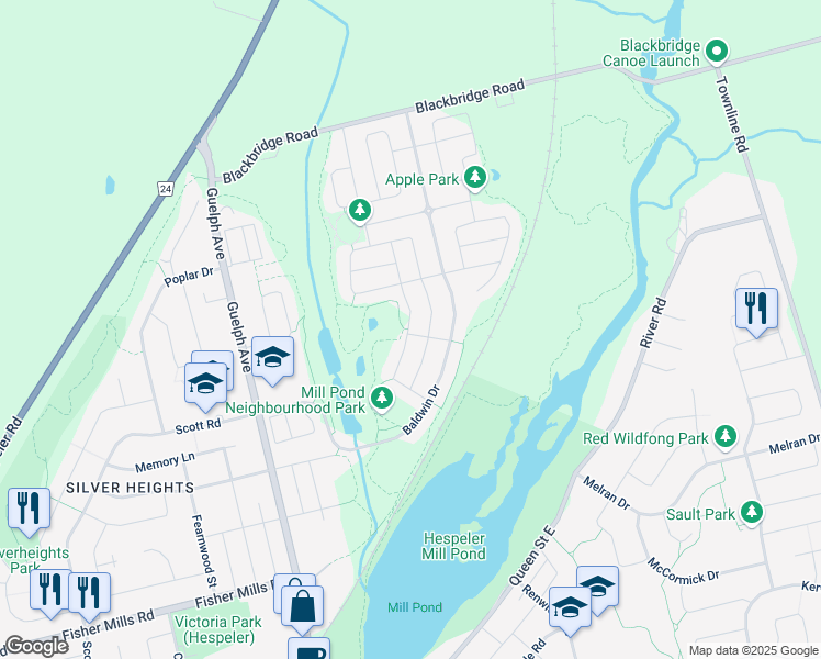 map of restaurants, bars, coffee shops, grocery stores, and more near 80 Silverthorne Drive in Cambridge