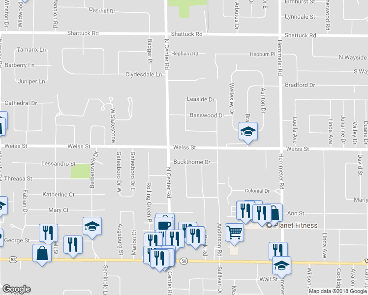map of restaurants, bars, coffee shops, grocery stores, and more near 4935 Weiss Street in Saginaw