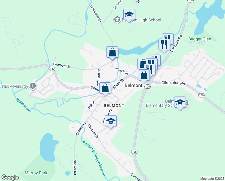 map of restaurants, bars, coffee shops, grocery stores, and more near 128 Main Street in Belmont