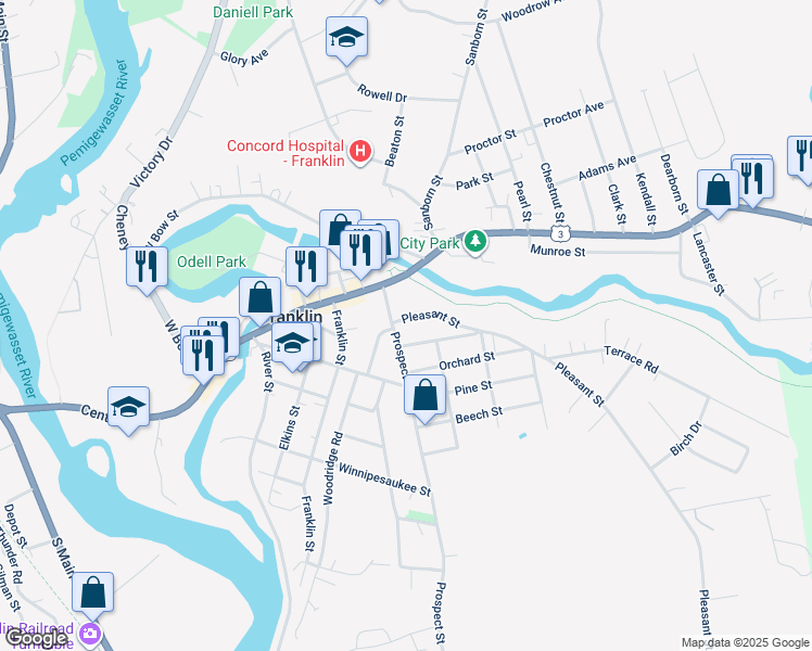 map of restaurants, bars, coffee shops, grocery stores, and more near 10 Pleasant Street in Franklin