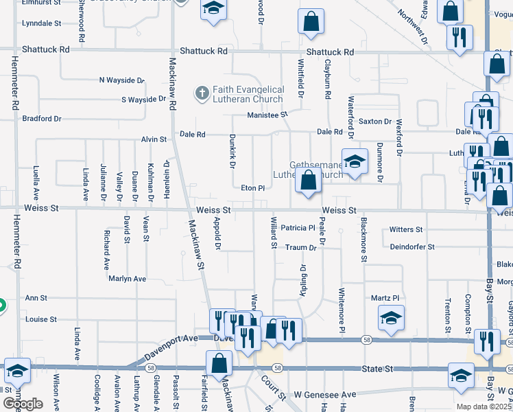 map of restaurants, bars, coffee shops, grocery stores, and more near 3715 Eton Place in Saginaw