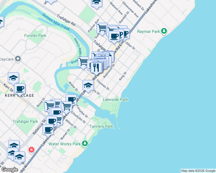 map of restaurants, bars, coffee shops, grocery stores, and more near 53 Thomas Street in Oakville
