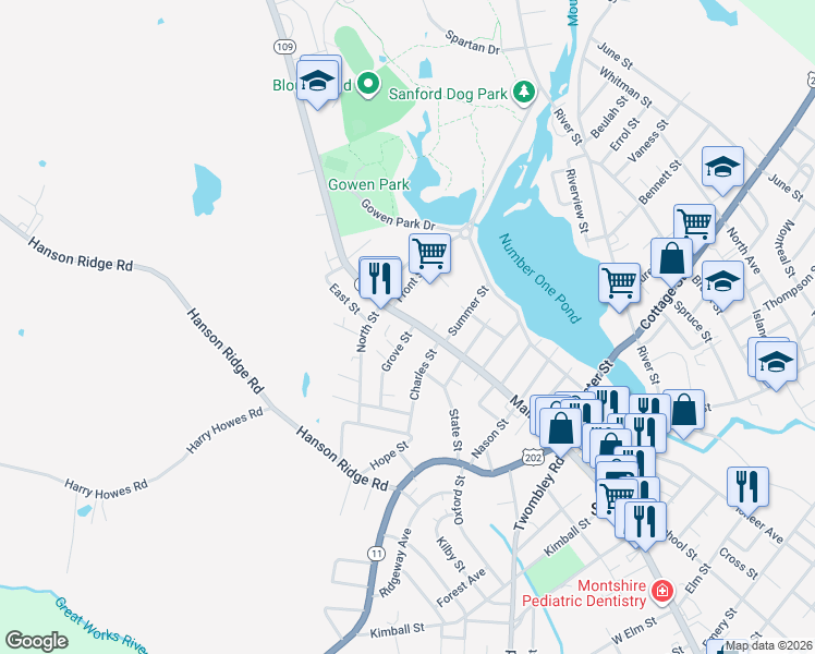 map of restaurants, bars, coffee shops, grocery stores, and more near 3 Grove Street in Sanford