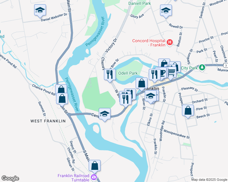 map of restaurants, bars, coffee shops, grocery stores, and more near 60 West Bow Street in Franklin