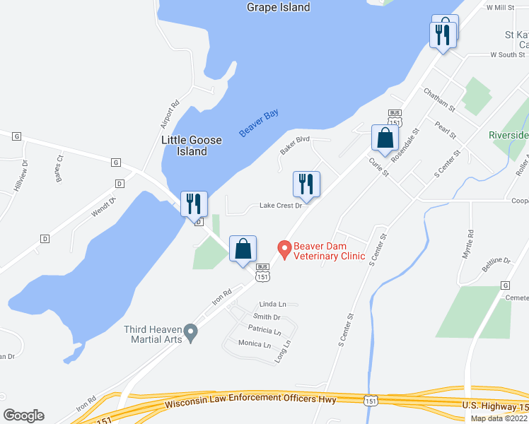 map of restaurants, bars, coffee shops, grocery stores, and more near 113 Lakecrest Drive in Beaver Dam