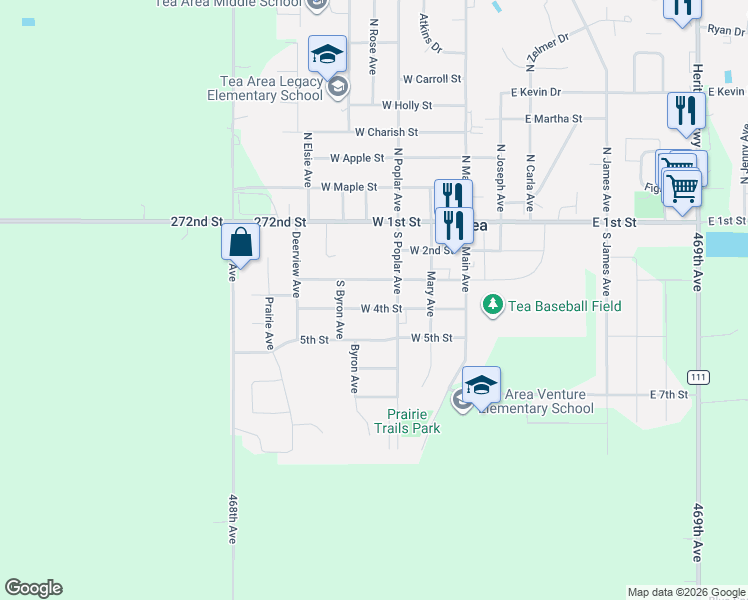 map of restaurants, bars, coffee shops, grocery stores, and more near 301-499 W 3rd St in Tea