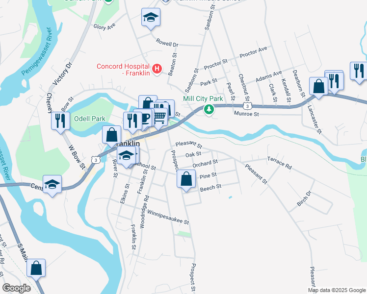 map of restaurants, bars, coffee shops, grocery stores, and more near 21 Pleasant Street in Franklin
