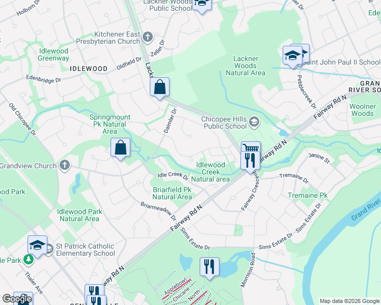 map of restaurants, bars, coffee shops, grocery stores, and more near 66 Corfield Drive in Kitchener