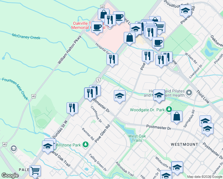 map of restaurants, bars, coffee shops, grocery stores, and more near 2092 Fiddlers Way in Oakville
